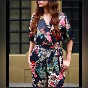 Zara Floral Wrap Jumpsuit - Black and Multicolor
